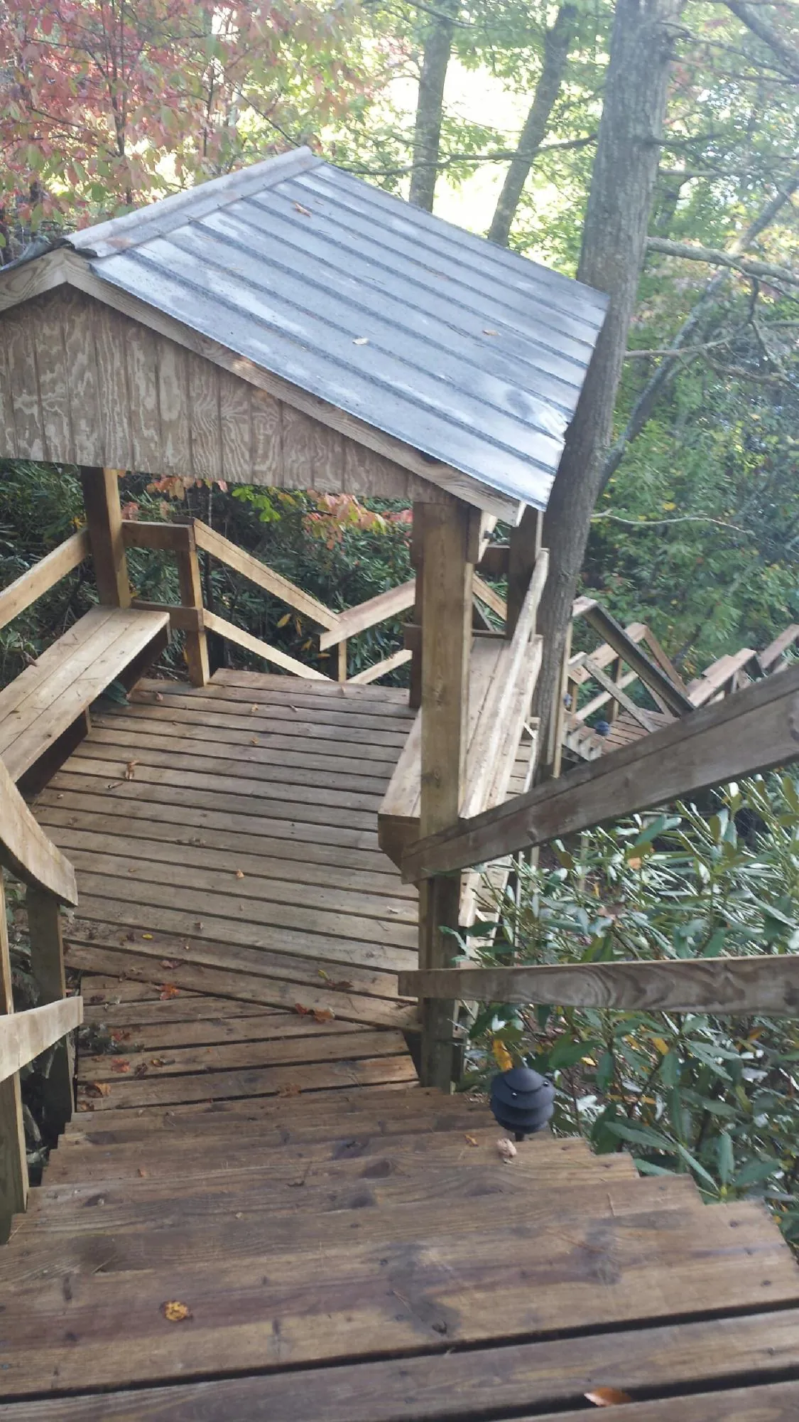 Metal roofed shelter over wooden steps on a wooded walkway — Skylight Repair & Installation work by our crew in Dysart